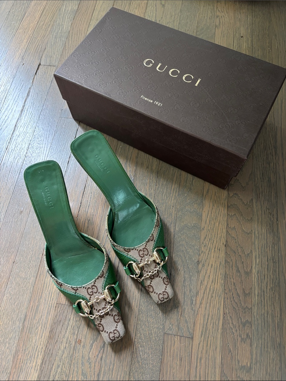 Gucci Brown GG Canvas & Green Leather Horsebit Mules